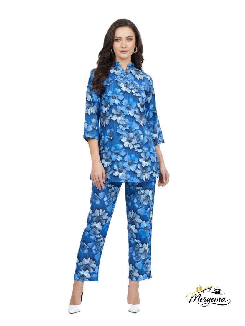 Blue Floral Kurti & Pant Co-Ord Set