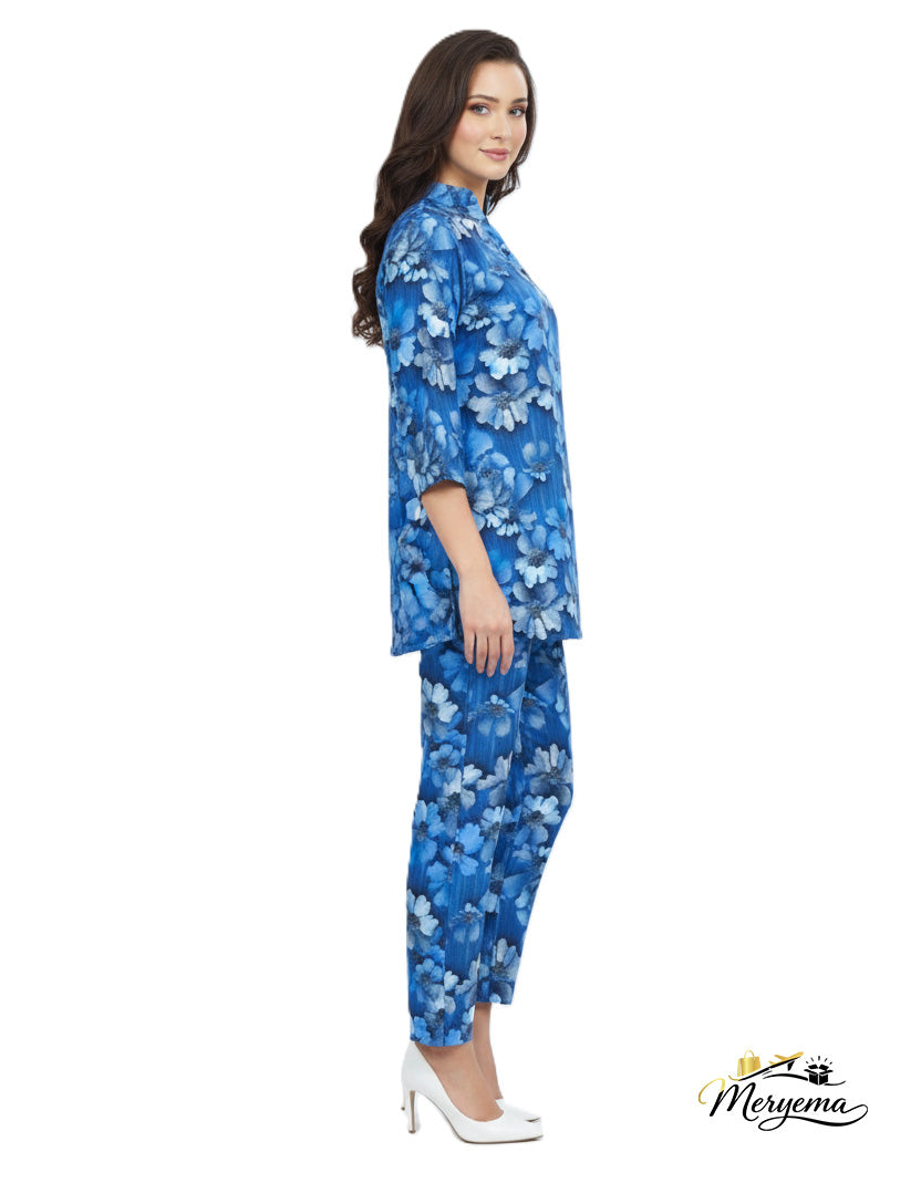Blue Floral Kurti & Pant Co-Ord Set