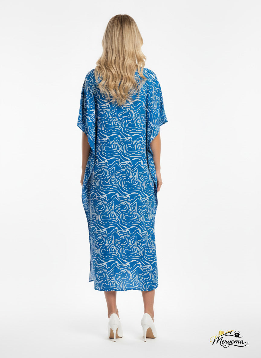 Royal Blue & White Abstract Swirl Kaftan