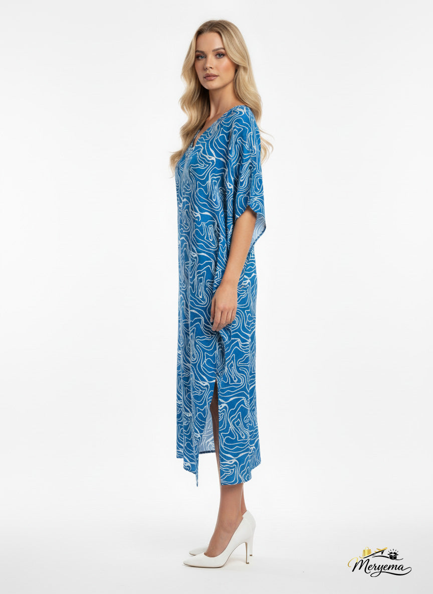 Royal Blue & White Abstract Swirl Kaftan