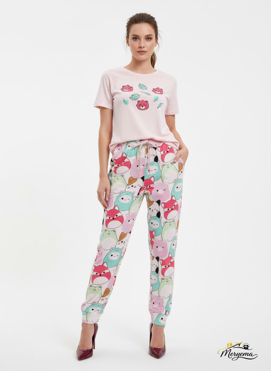 Cartoon Print Lycra Pyjama Set – T-Shirt & Pants