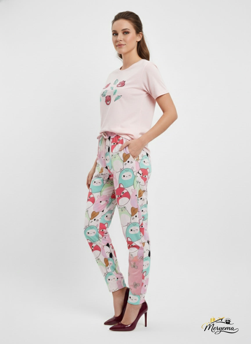 Cartoon Print Lycra Pyjama Set – T-Shirt & Pants