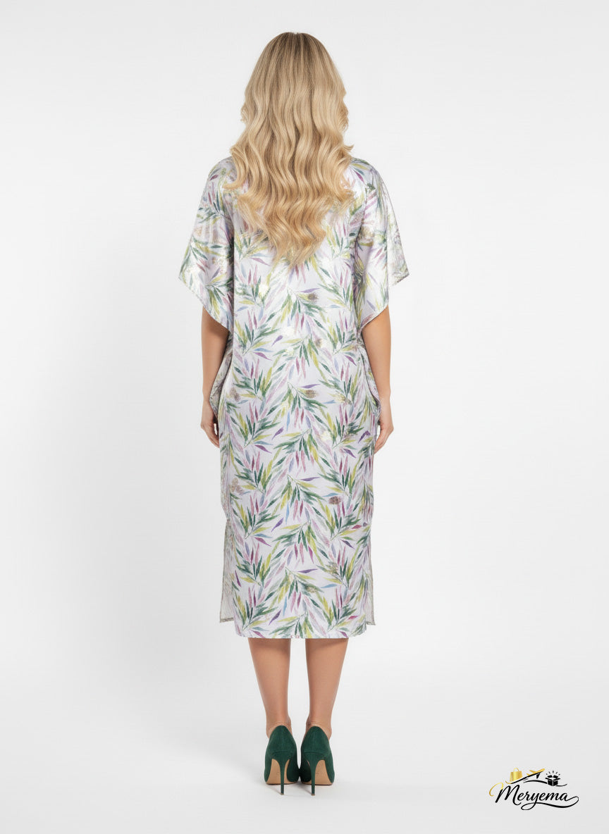 Tropical Leaf Print Satin Kaftan Dress