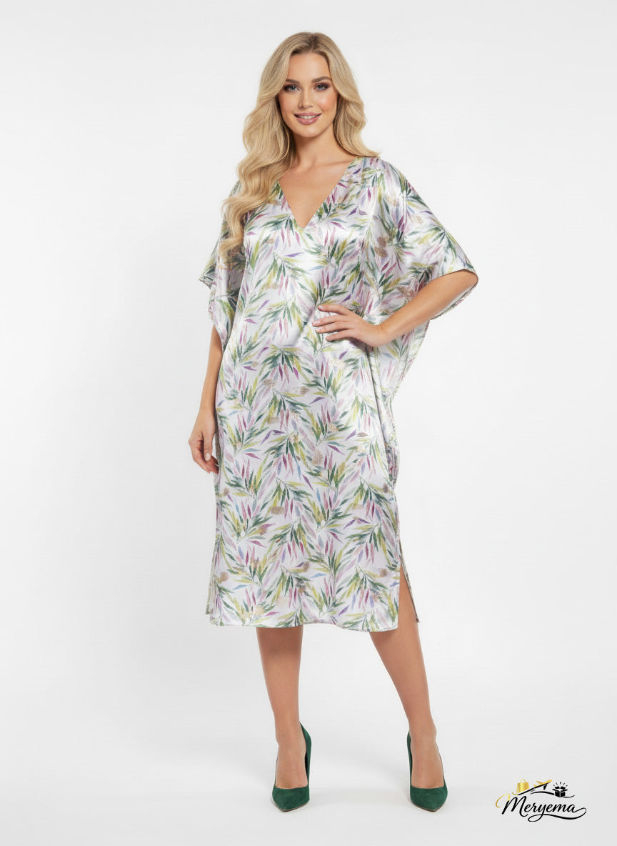Tropical Leaf Print Satin Kaftan Dress