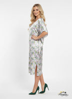 Tropical Leaf Print Satin Kaftan Dress
