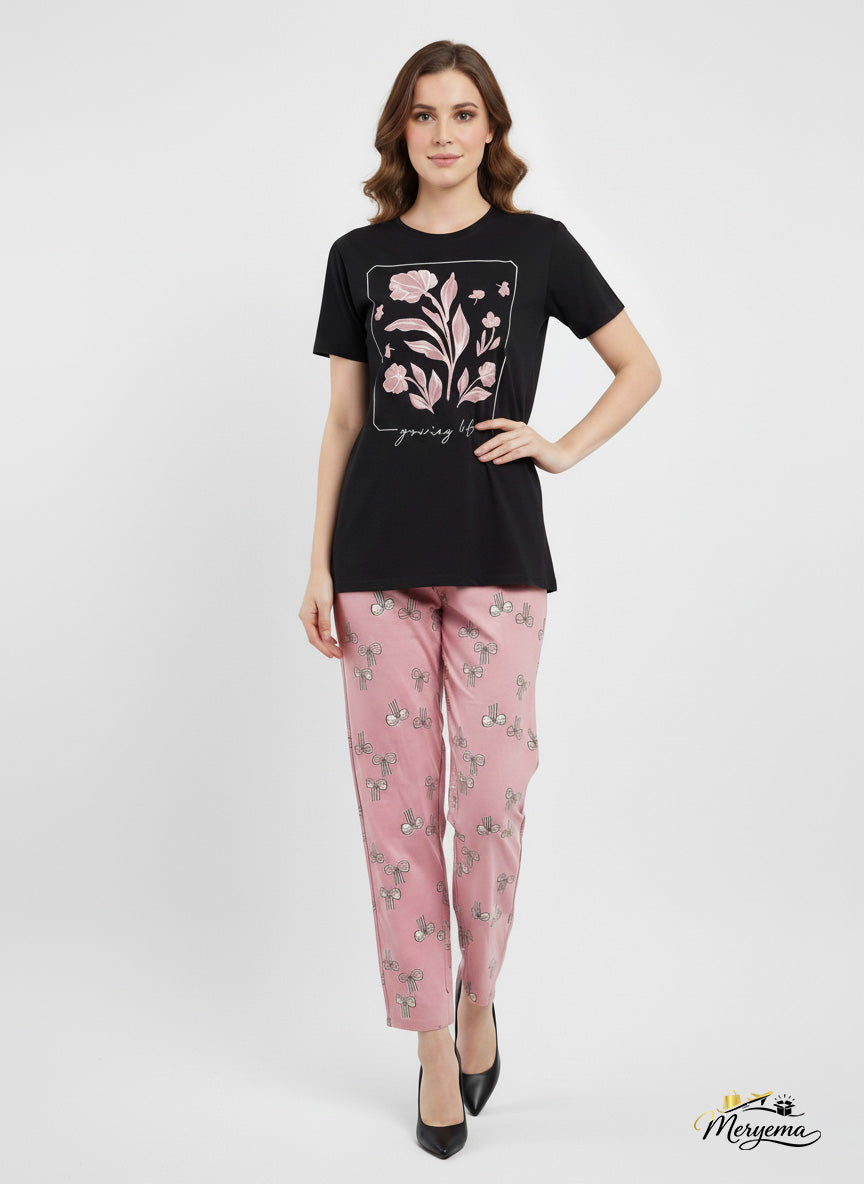 Floral Lycra Night Suit – T-Shirt & Pyjama Set