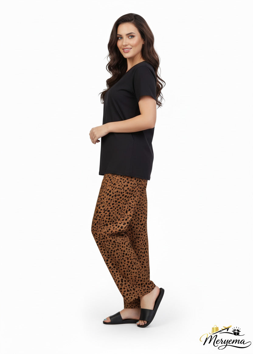 Black T-Shirt & Brown Speckle Pajama Set