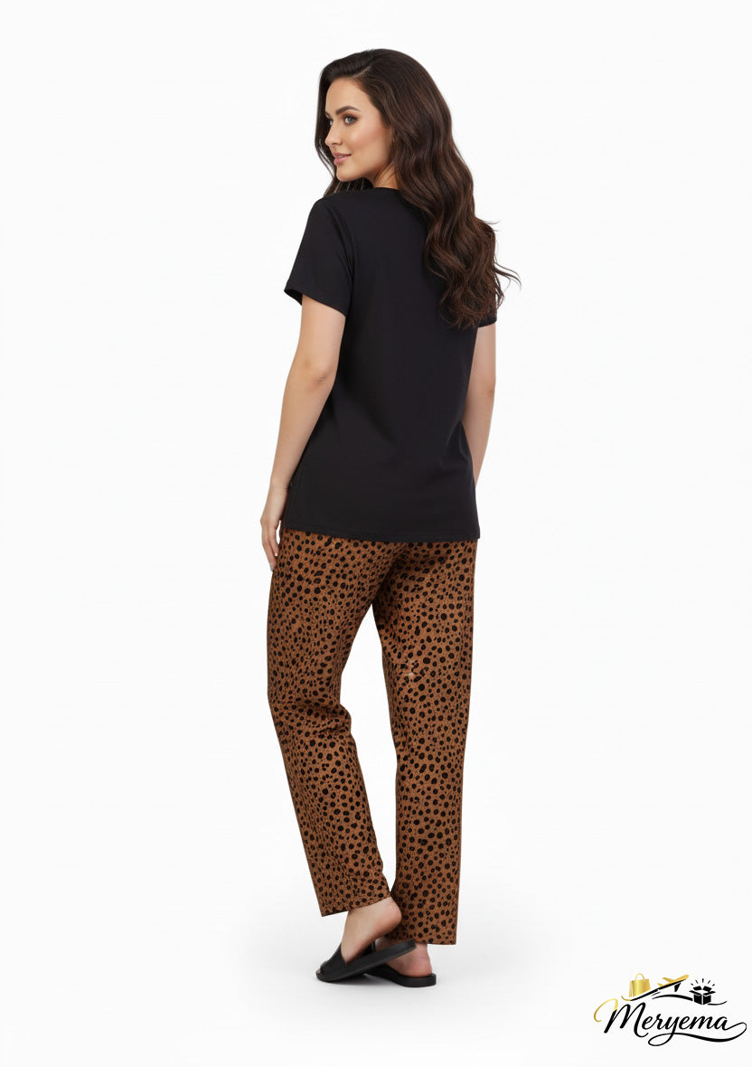 Black T-Shirt & Brown Speckle Pajama Set