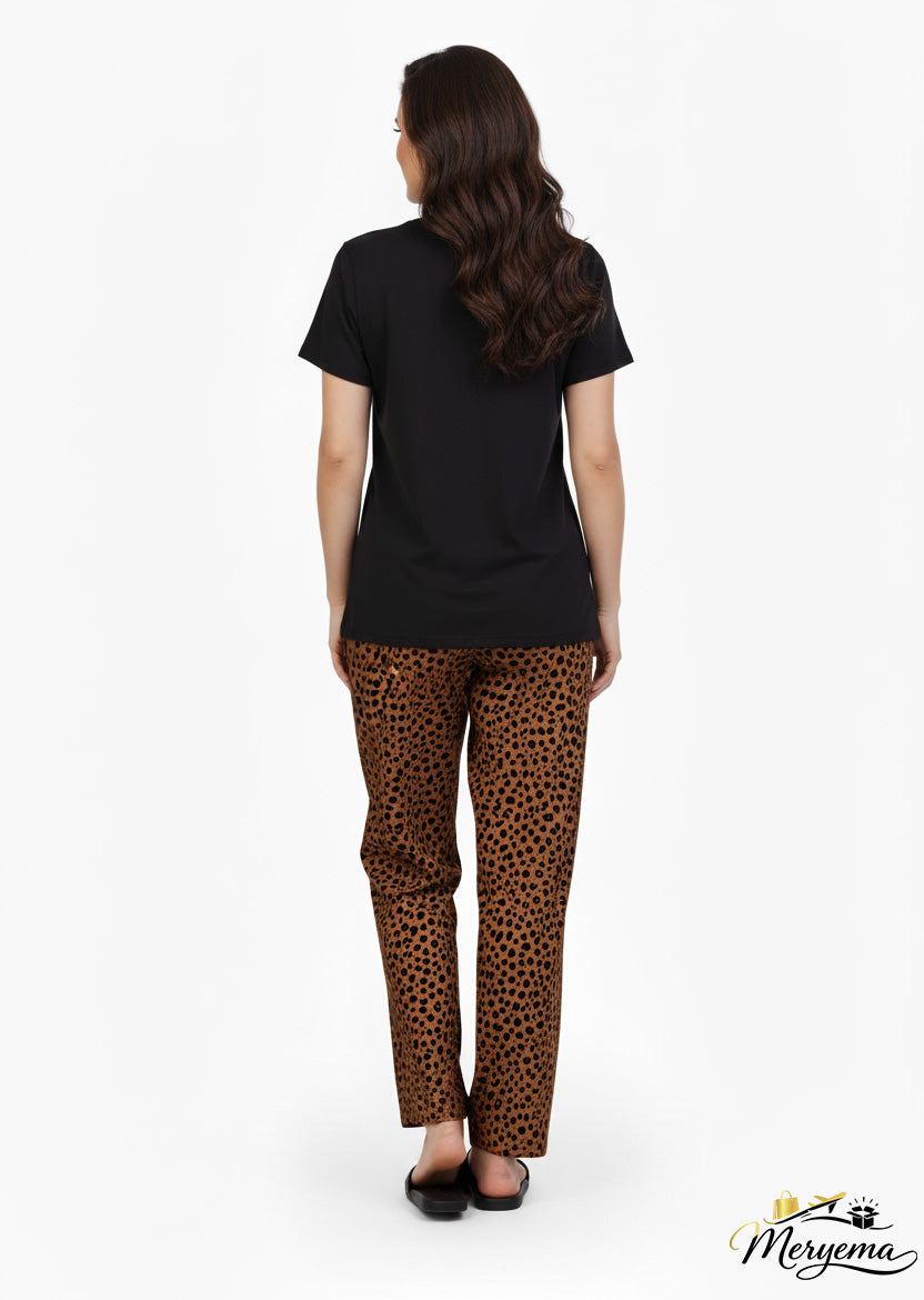 Black T-Shirt & Brown Speckle Pajama Set