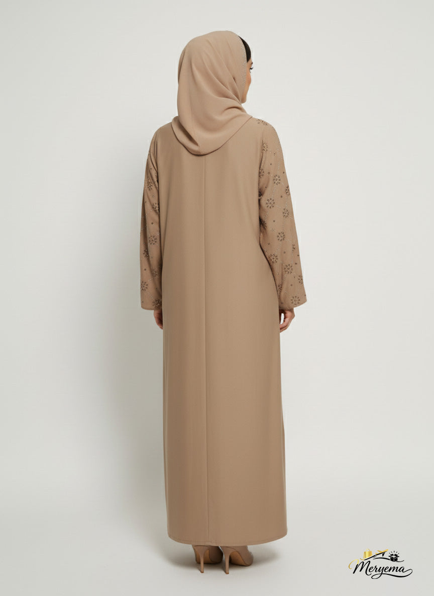 Taupe Nida Abaya with Silver Embellishment
