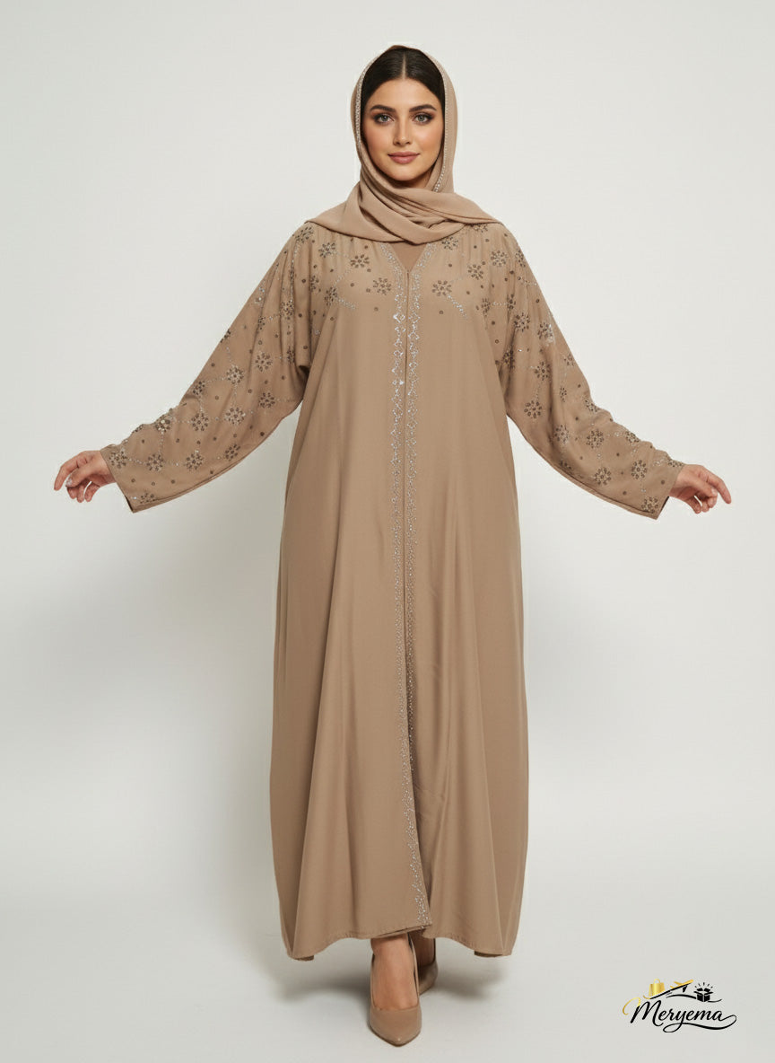 Taupe Nida Abaya with Silver Embellishment