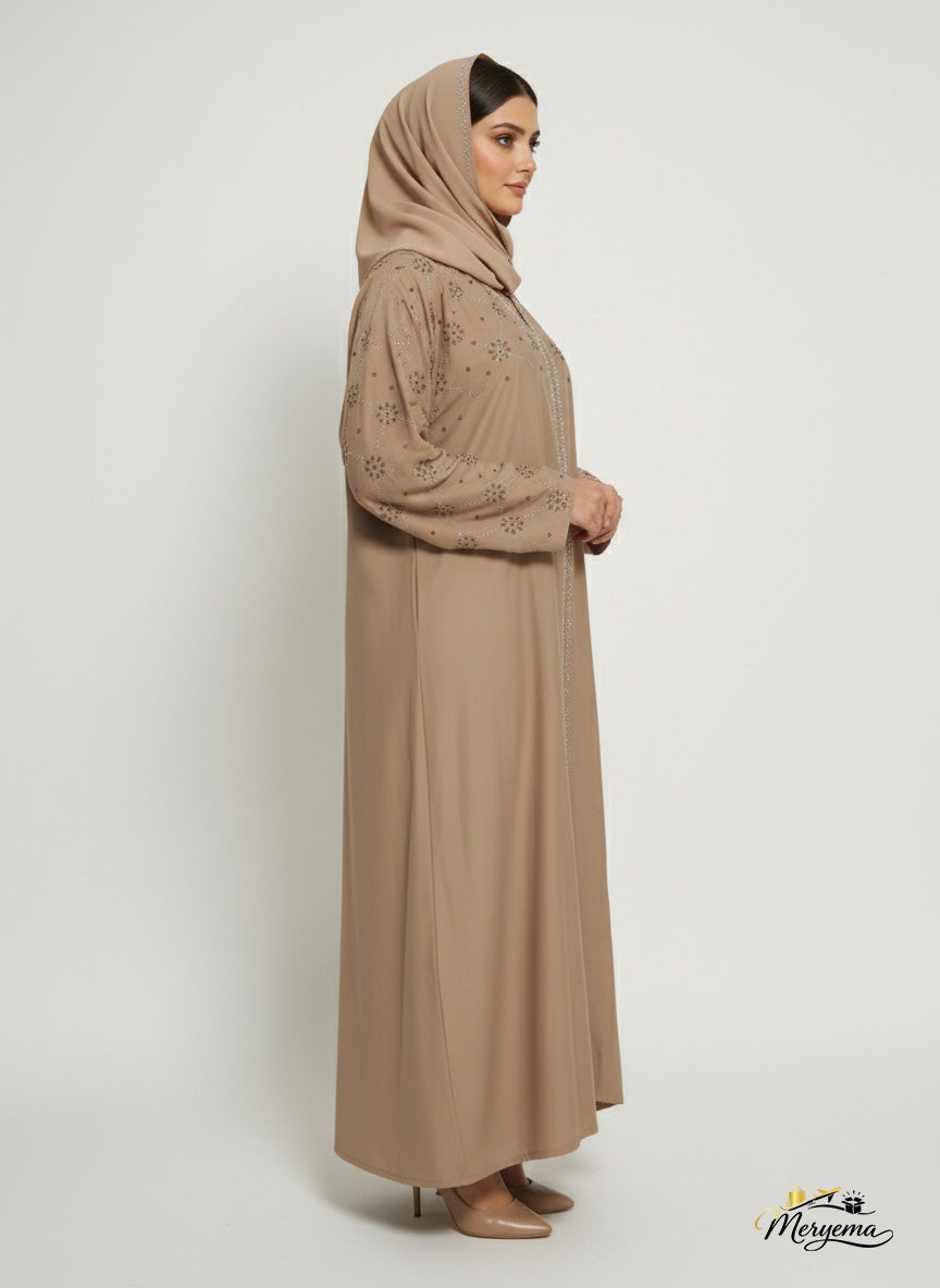 Taupe Nida Abaya with Silver Embellishment