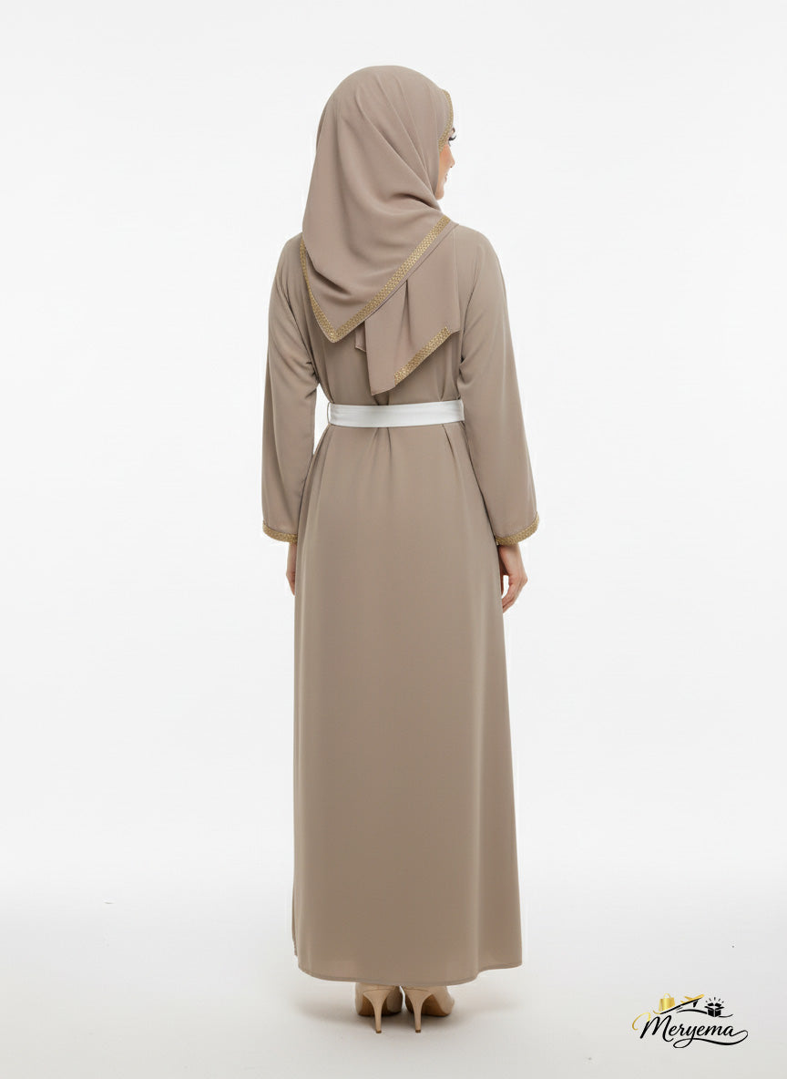 Taupe Open Abaya with Gold Trim & Belt