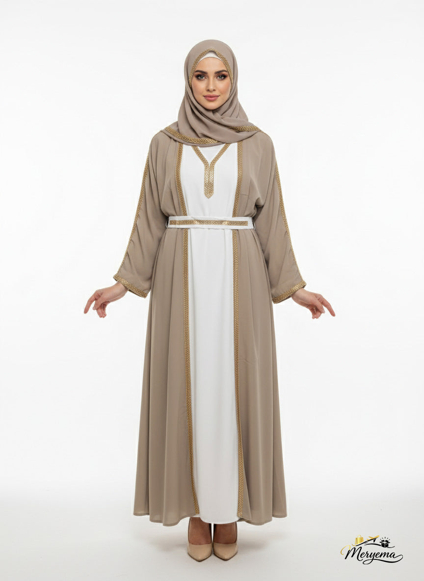 Taupe Open Abaya with Gold Trim & Belt