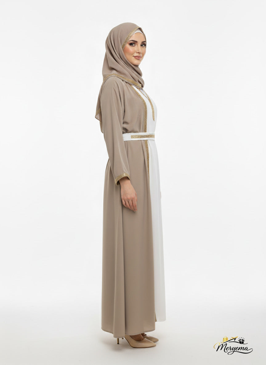 Taupe Open Abaya with Gold Trim & Belt