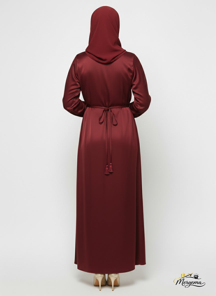 Burgundy Satin Abaya with Silver Floral Embellishment