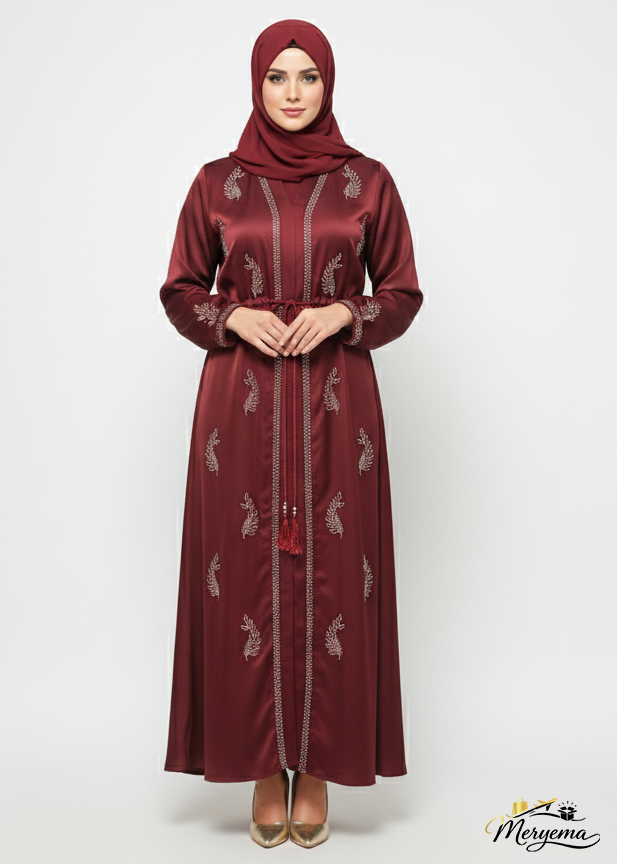 Burgundy Satin Abaya with Silver Floral Embellishment