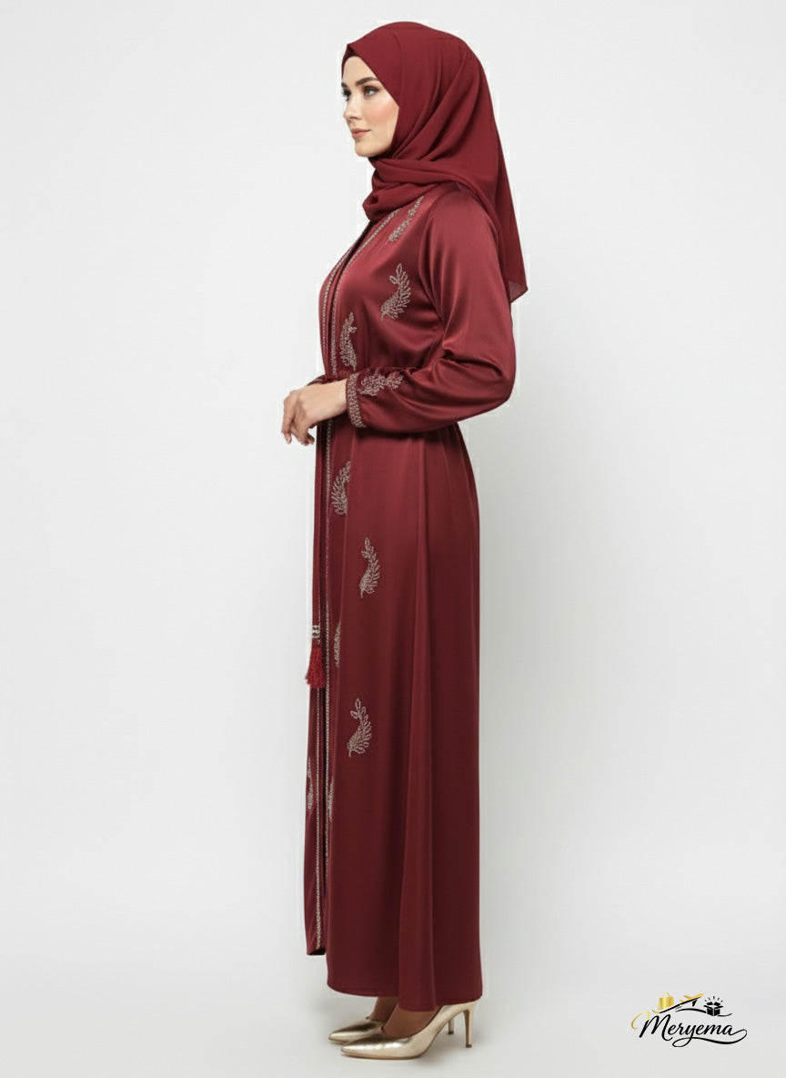 Burgundy Satin Abaya with Silver Floral Embellishment