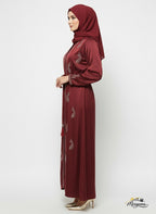 Burgundy Satin Abaya with Silver Floral Embellishment