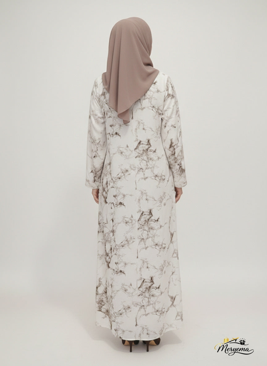 White & Coffee Marble Print Abaya