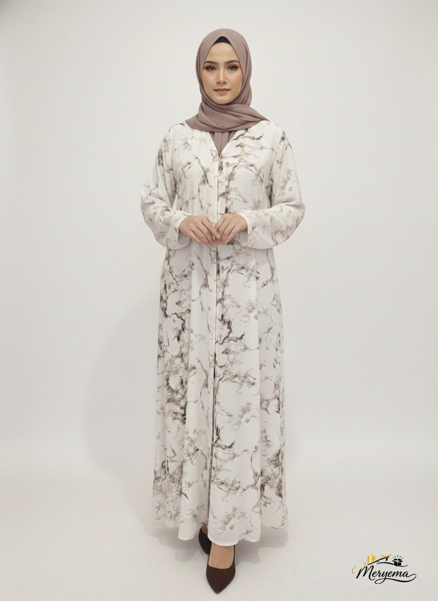 White & Coffee Marble Print Abaya