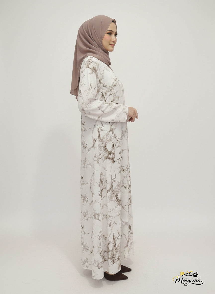 White & Coffee Marble Print Abaya