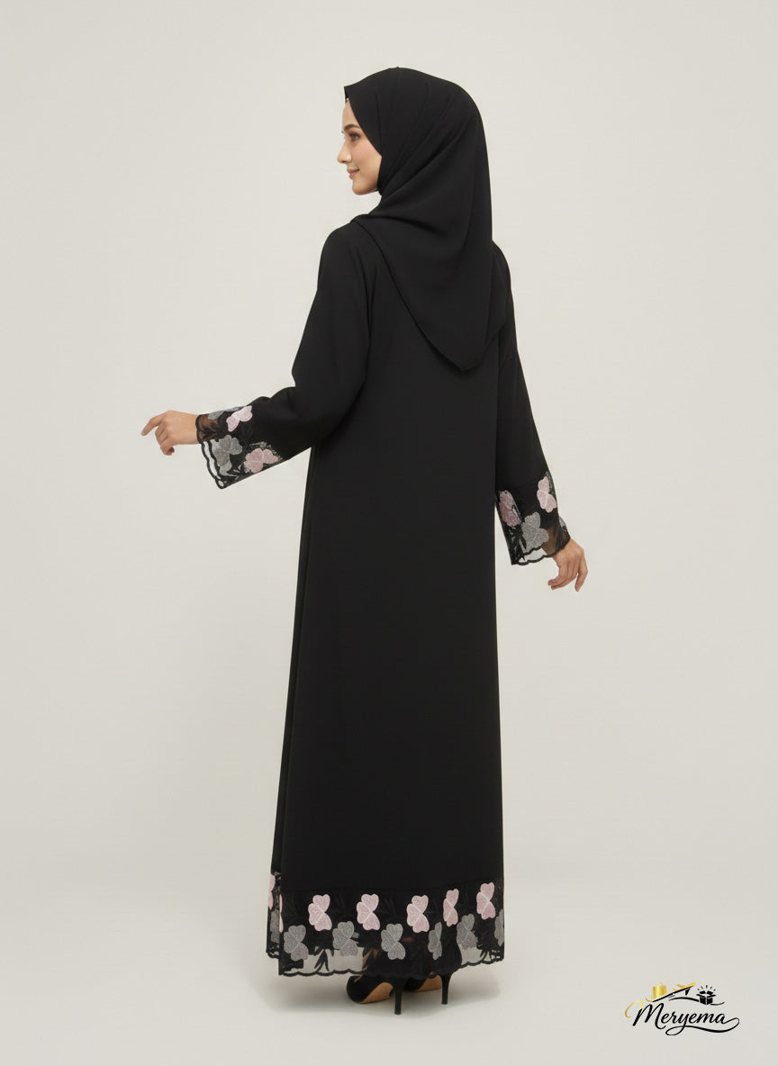 Black Abaya with Floral Organza Embroidery