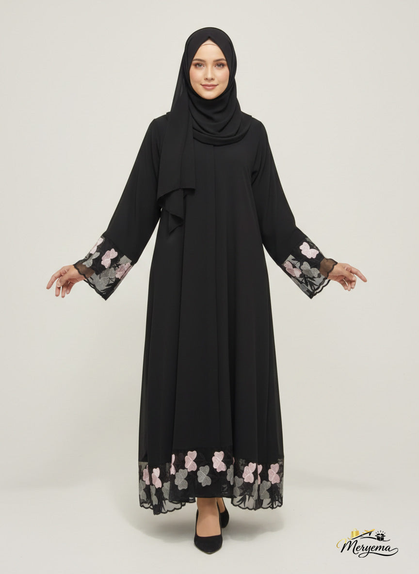 Black Abaya with Floral Organza Embroidery