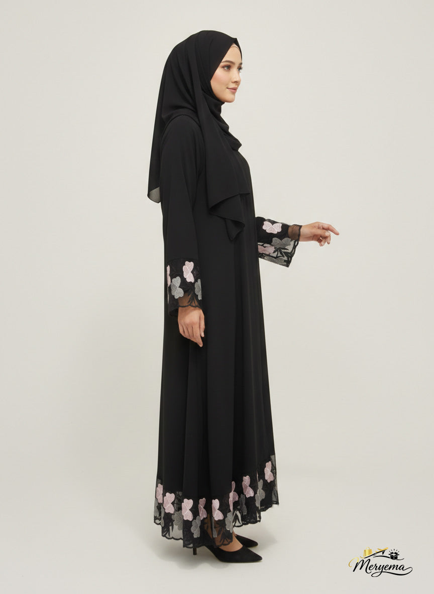 Black Abaya with Floral Organza Embroidery
