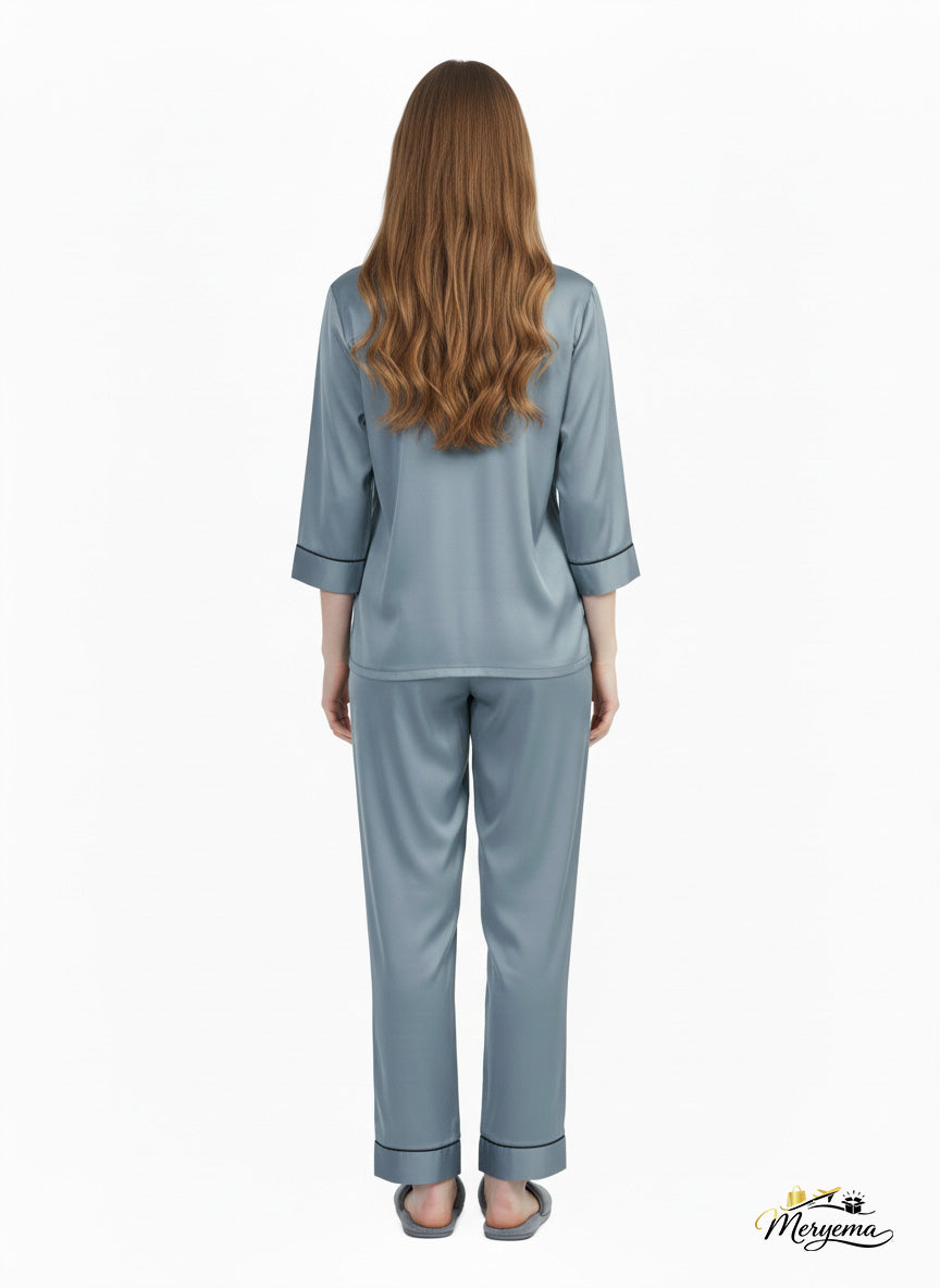 Dusty Blue Grey Satin Nightsuit