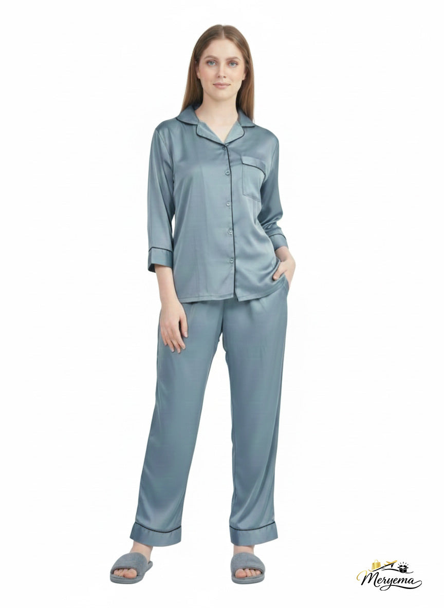 Dusty Blue Grey Satin Nightsuit