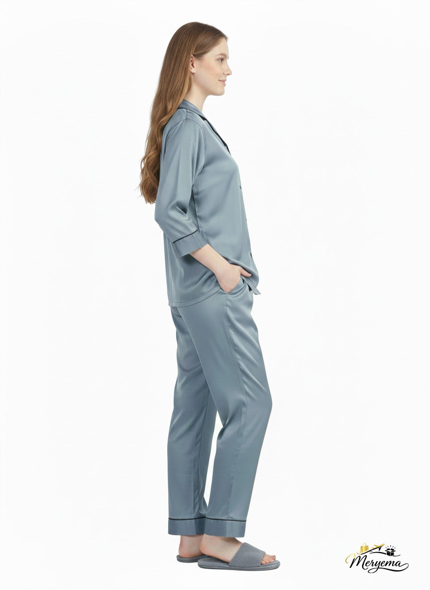 Dusty Blue Grey Satin Nightsuit