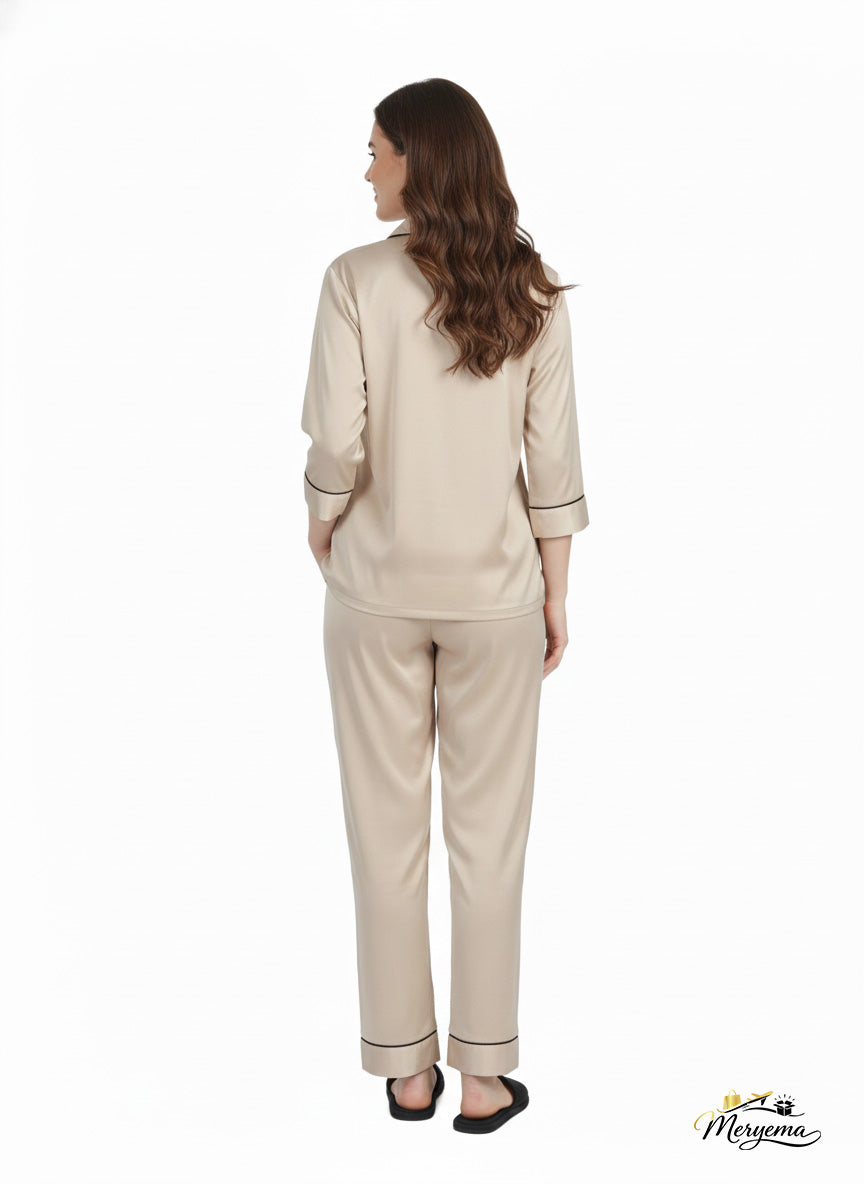 Desert Taupe Satin Nightsuit – Beige Pyjama Set