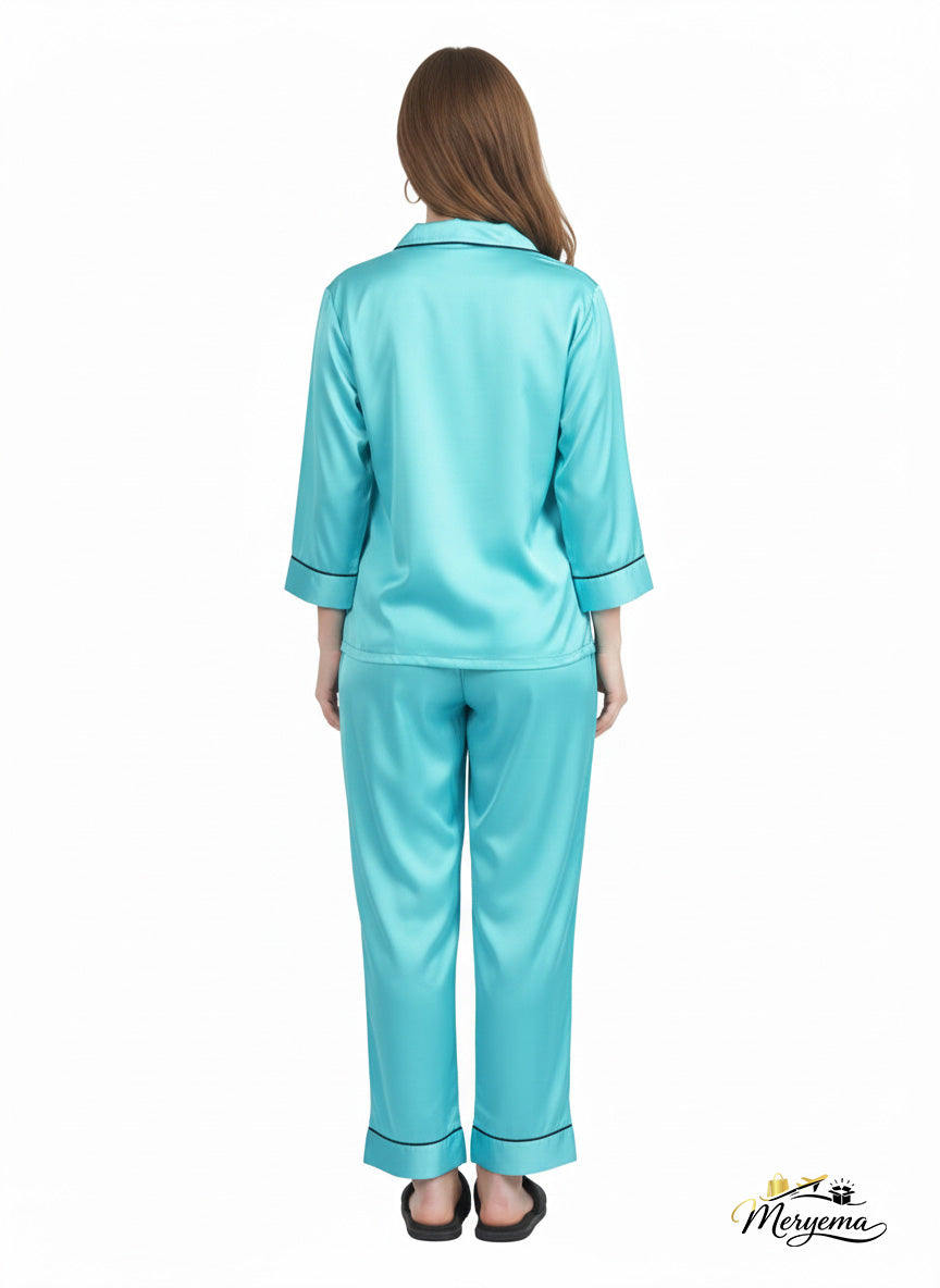 Teal Blue Satin Nightsuit