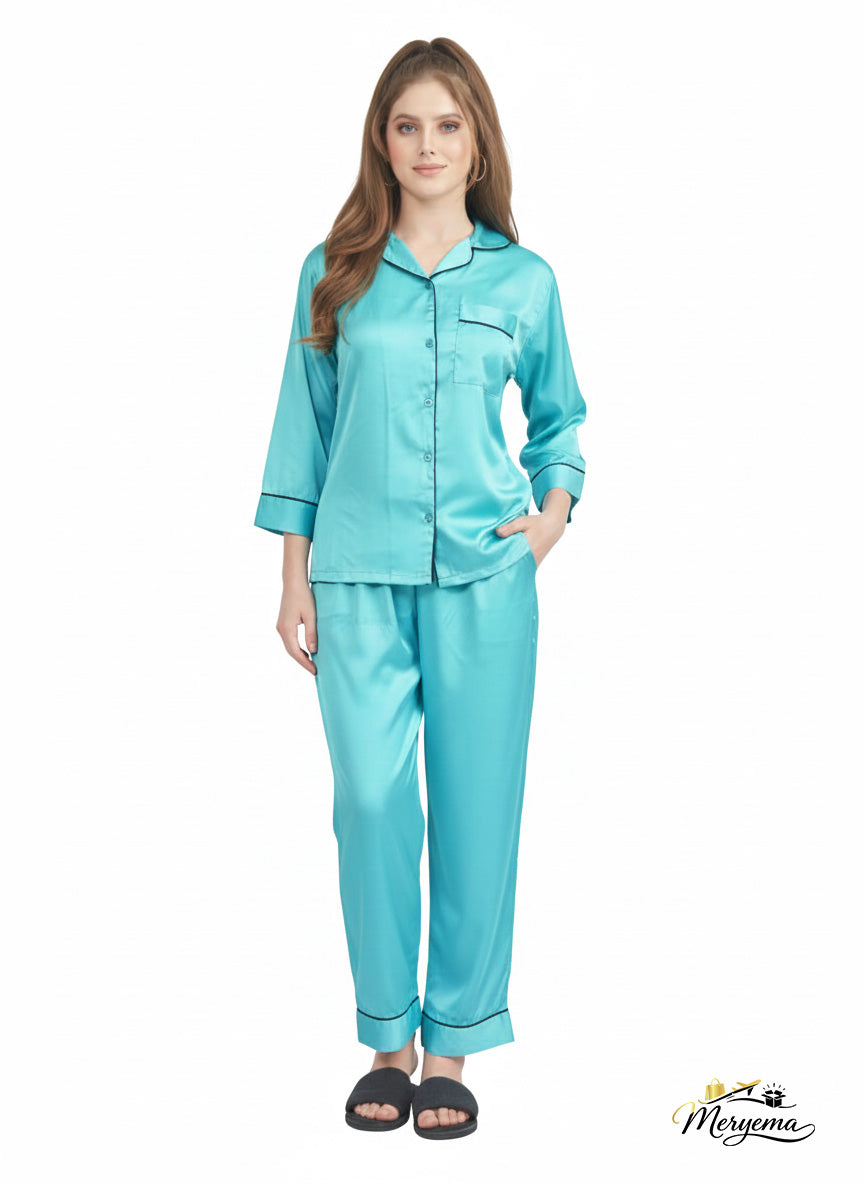 Teal Blue Satin Nightsuit