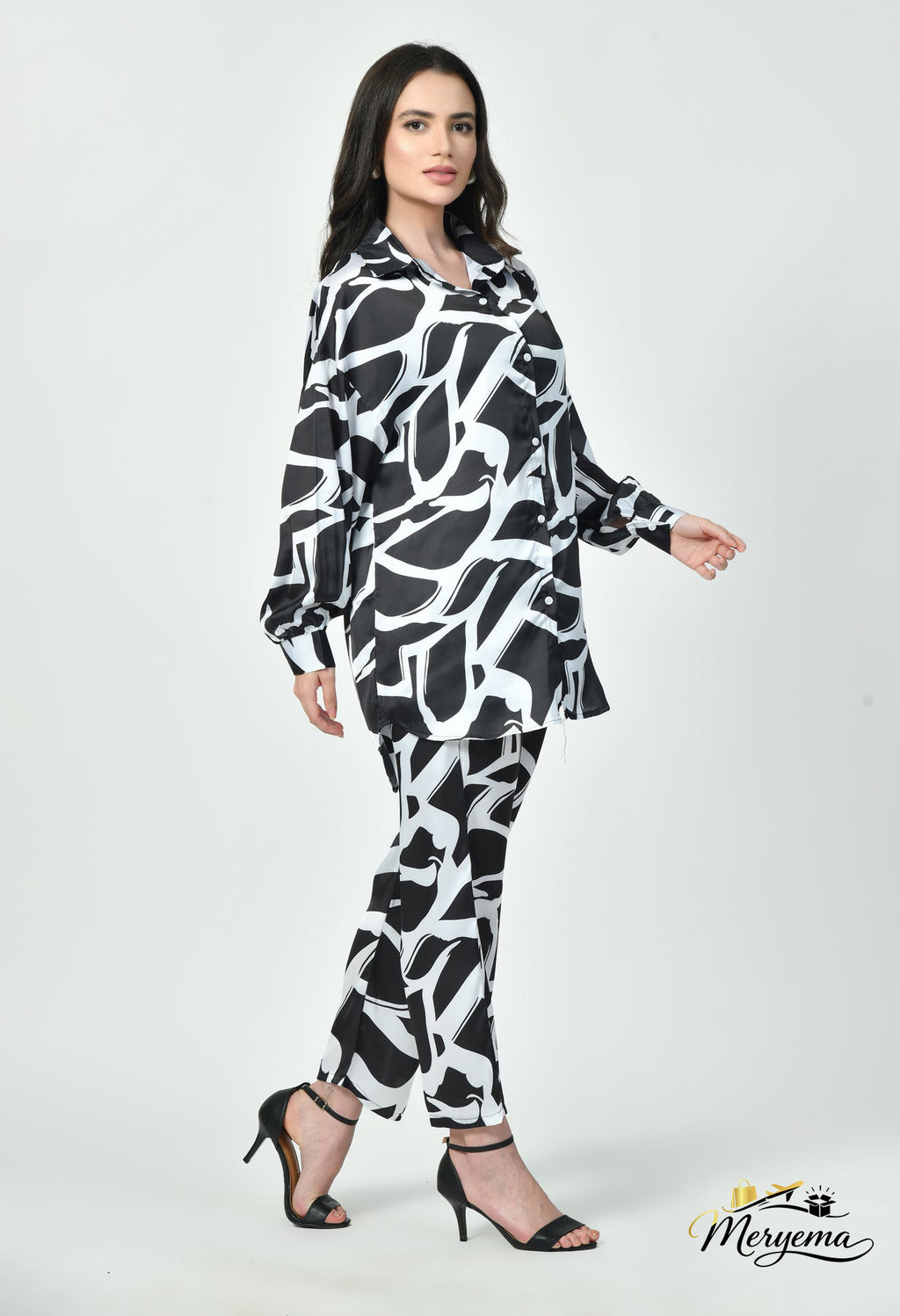 Black & White Abstract Satin Co-Ord Set