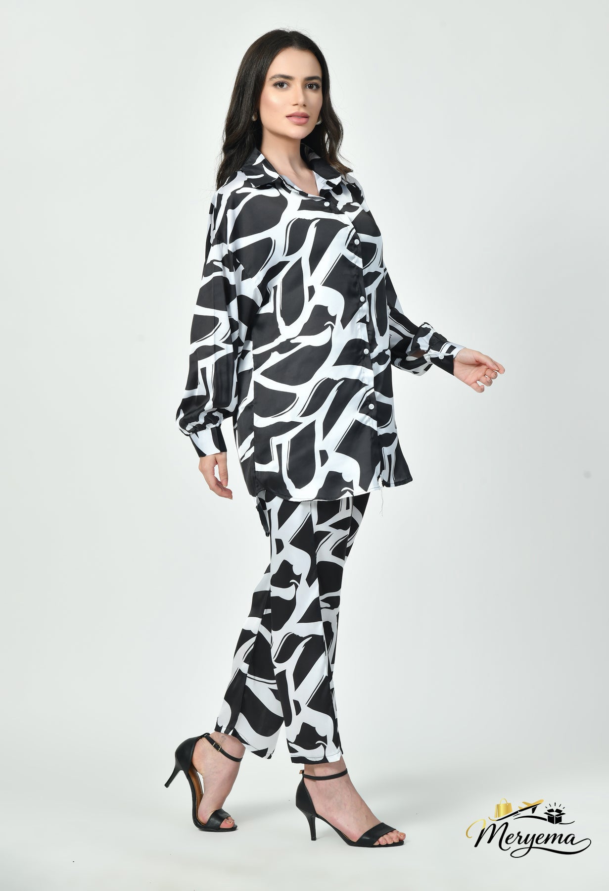 Black & White Abstract Satin Co-Ord Set